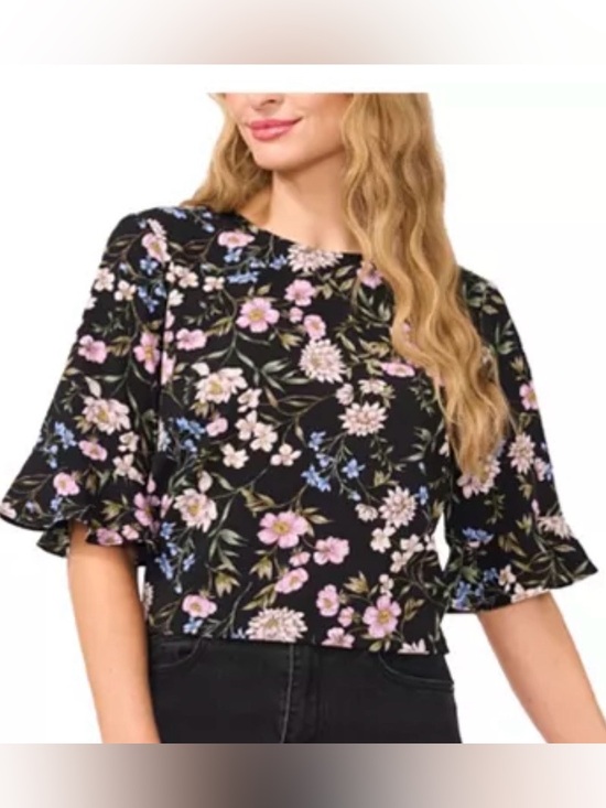 CeCe Tops - CeCe Black Floral Crewneck 3/4-Sleeve Ruffle Cuff Blouse